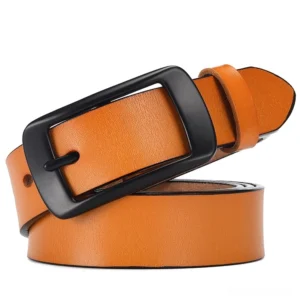Tan genuine leather gothic pin buckle belt with matte black rectangular buckle, adjustable unisex alternative fashion