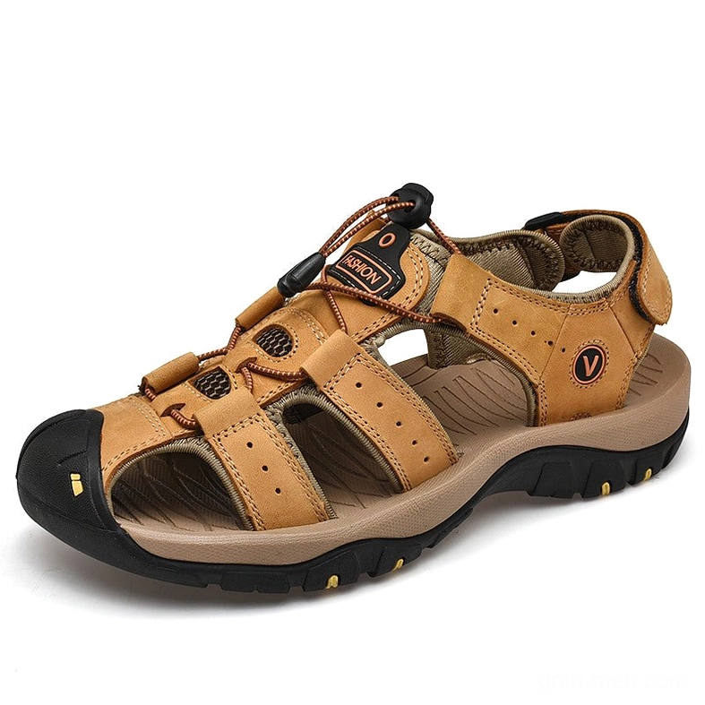 Tan perforated genuine leather men's gothic sandals with breathable design and buckle strap - summer alternative fashion