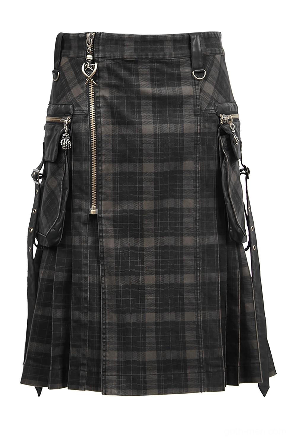 Tartan cargo kilt three-quarter angled view highlighting metal zipper hardware and pleated hem