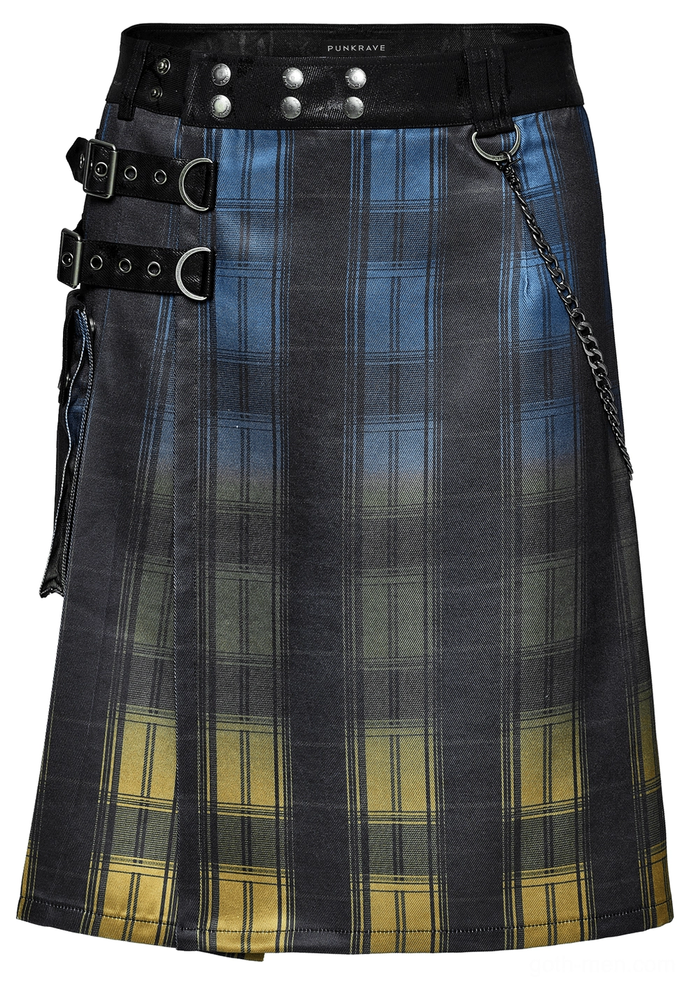Tartan kilt front flat lay adjustable buckle straps d-rings metal chain attachment