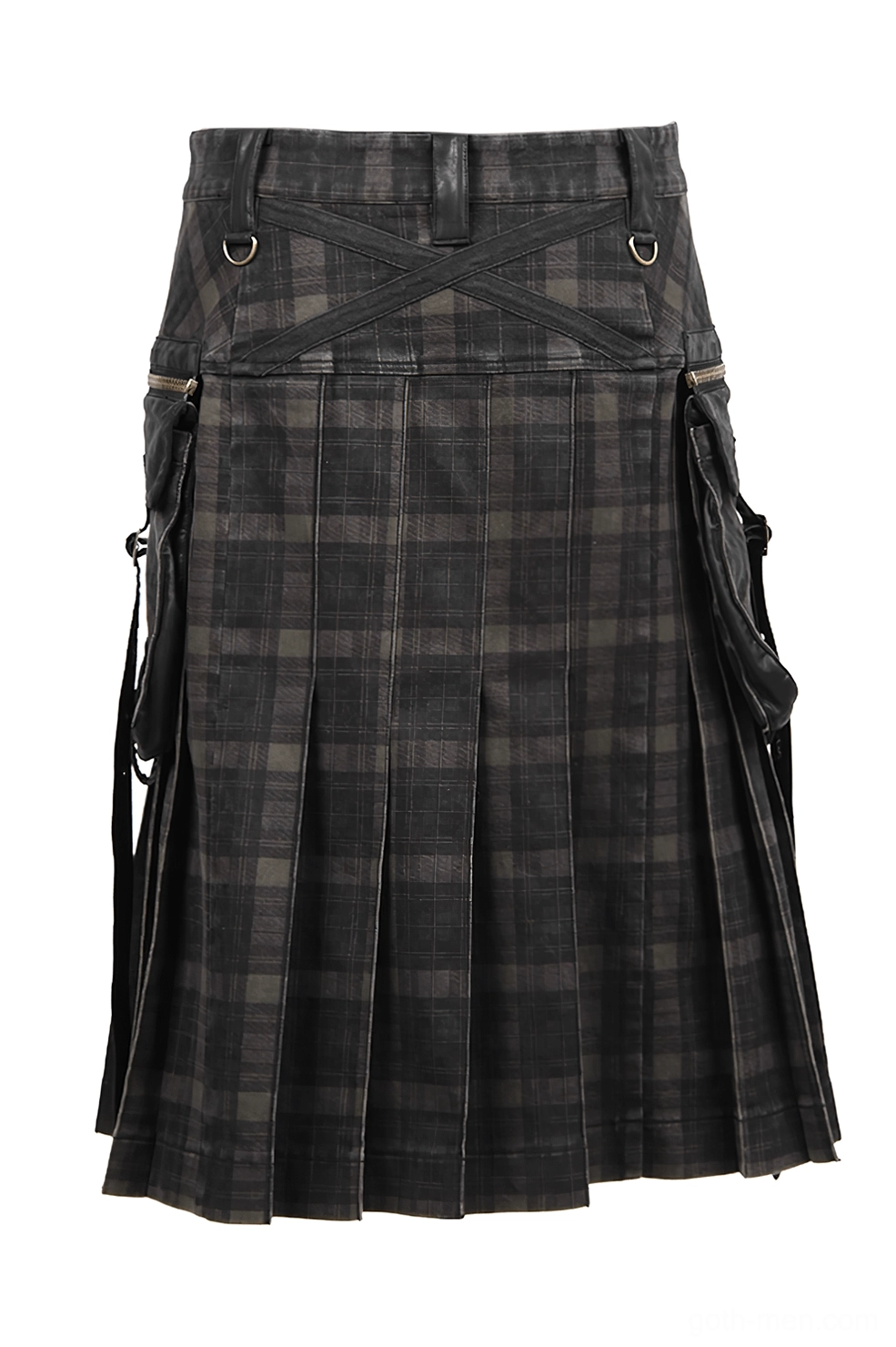 Rear flat lay view of tartan kilt displaying criss-cross waist straps and pleated construction