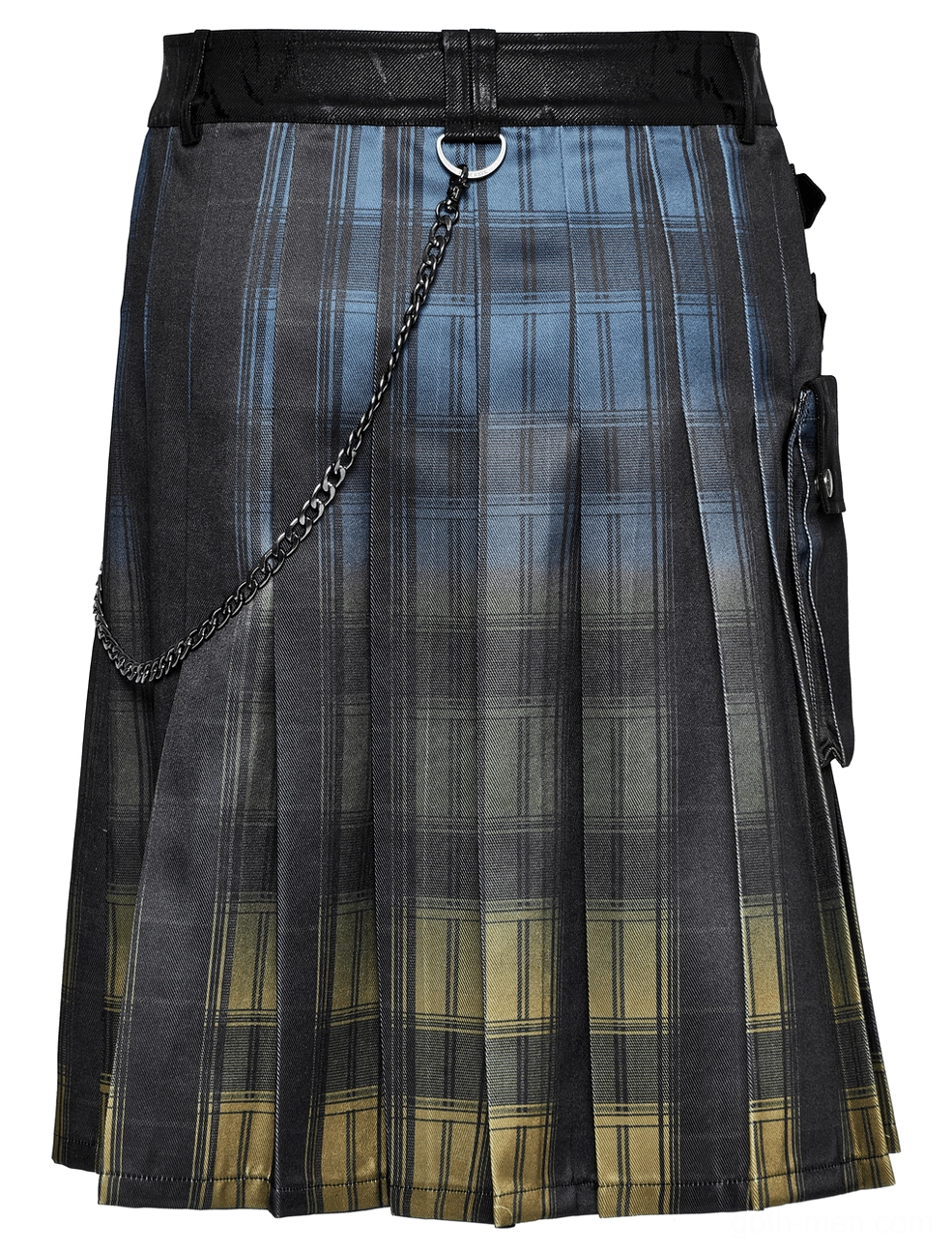 Tartan kilt side view flat lay utility pocket waist chain pleated design