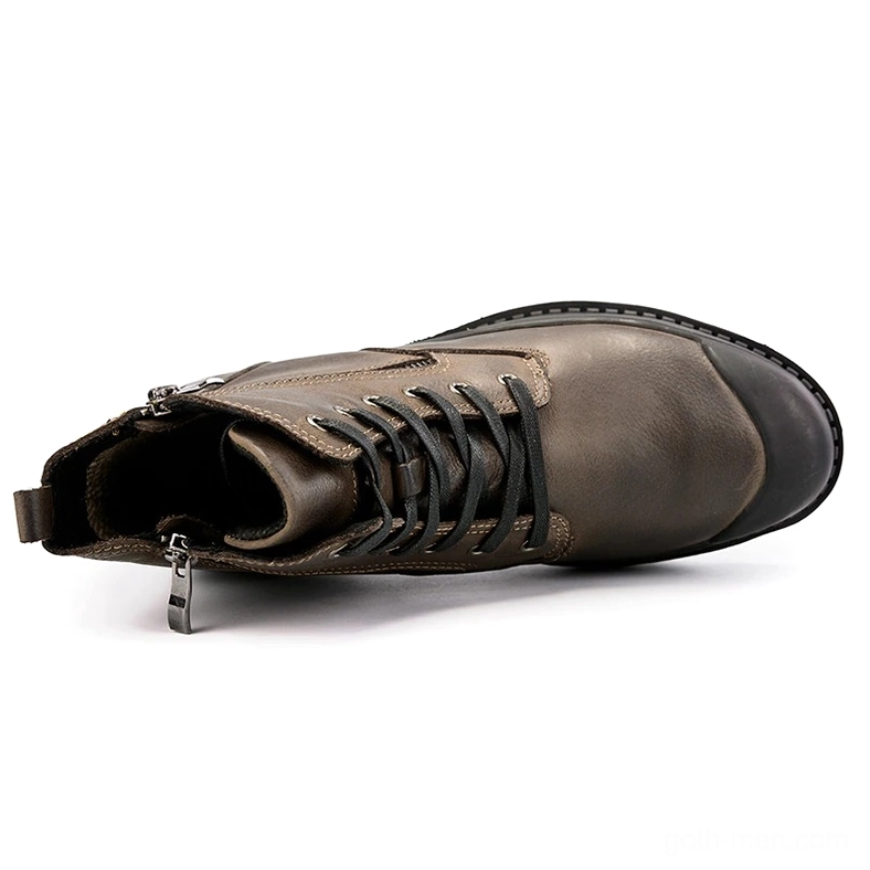 Taupe leather gothic boot inside-out flat overhead view showing exposed inner plush lining and zipper mechanism