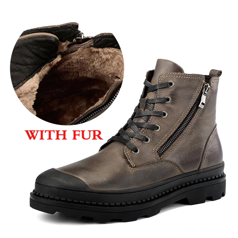 Taupe leather ankle boots with fur lining and lace-up design, front view displaying cozy warm lining