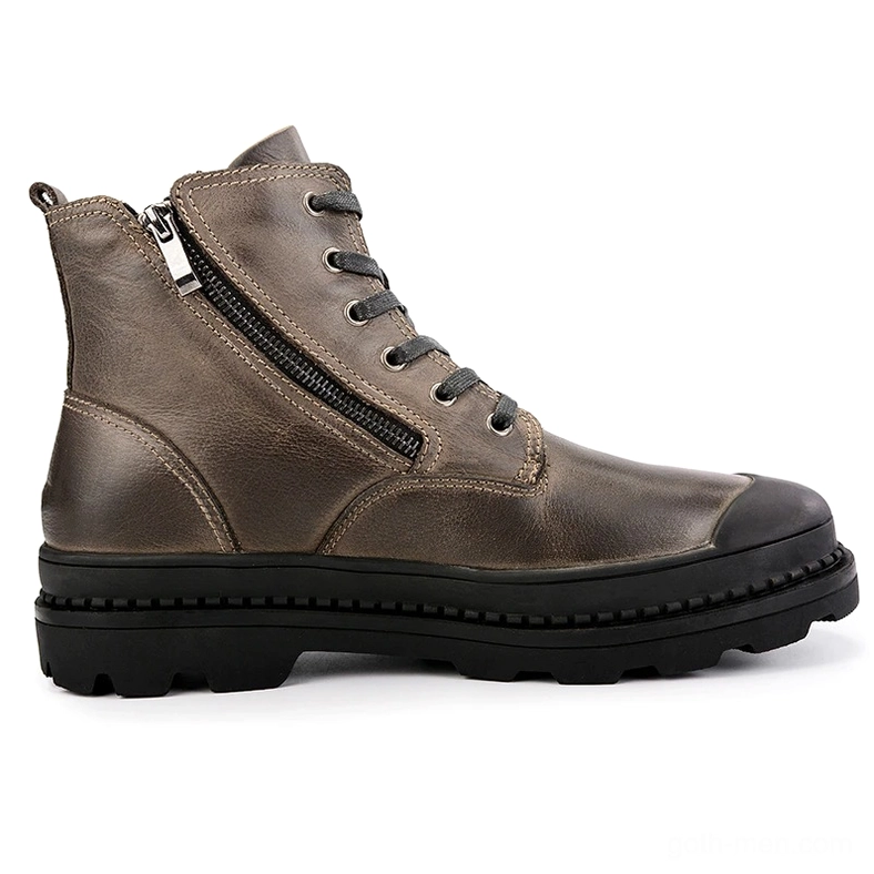 Taupe vintage leather gothic combat boot left side profile with lace-up holes and side zipper, industrial aesthetic