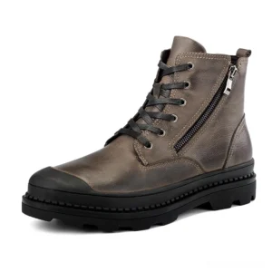 Taupe vintage leather gothic ankle combat boots with side zipper, front three-quarter view showing weathered leather texture