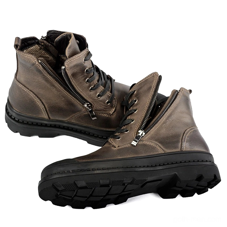 Pair of taupe leather gothic ankle boots mixed front and overhead view showing rugged lug outsoles and zipper closures