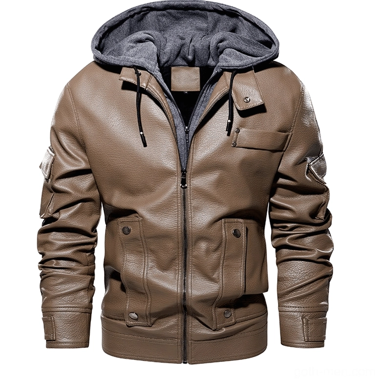 Taupe matte PU leather gothic hooded jacket with multiple lower flap pockets and sleeve details
