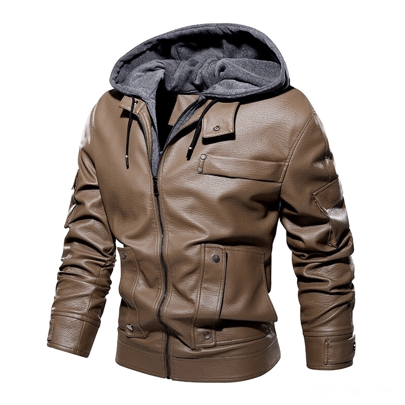 Taupe khaki gothic PU leather hooded jacket with drawstring fleece hood and sleeve pocket