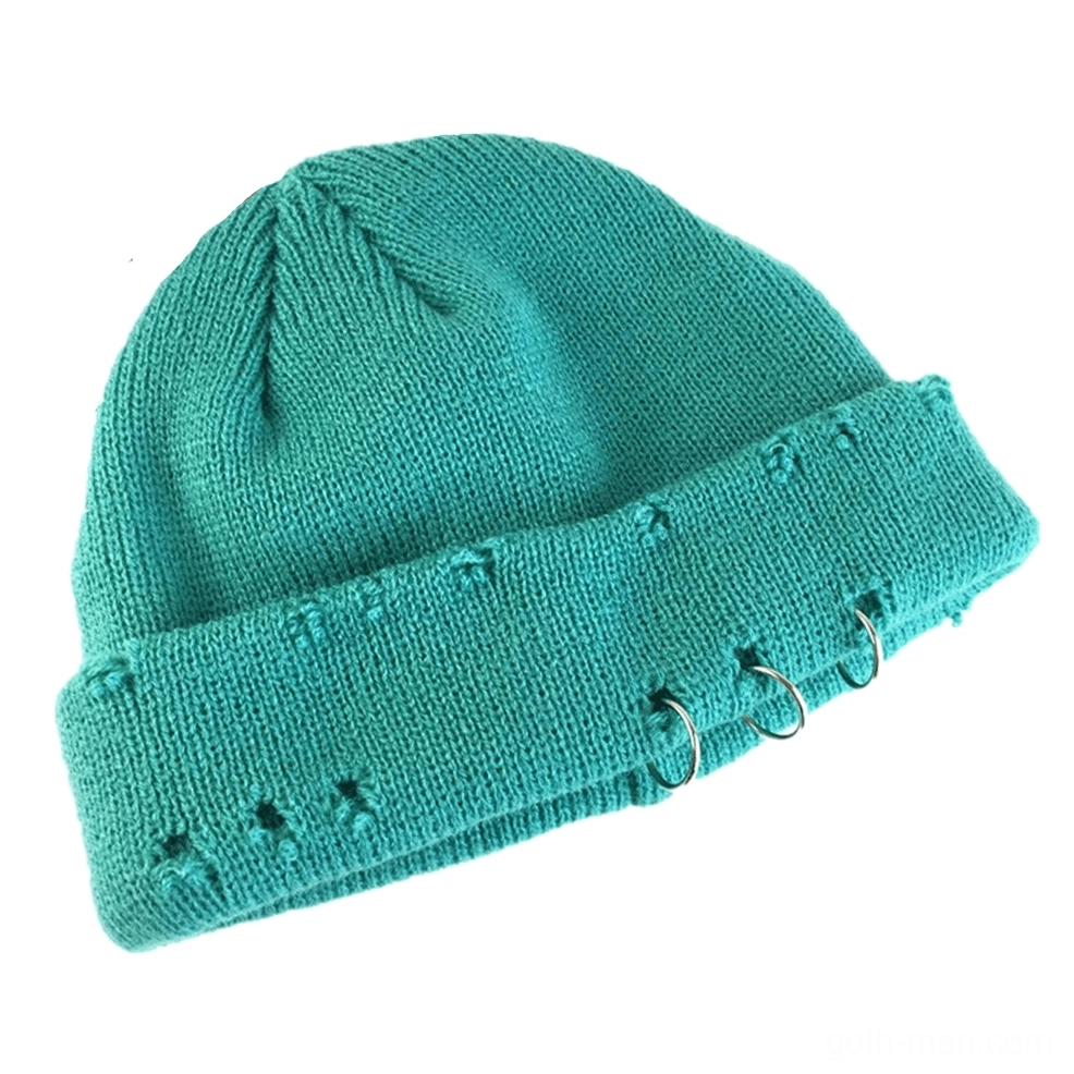 Teal dark aesthetic beanie with cut-out details and metal ring embellishments, rolled cuff style