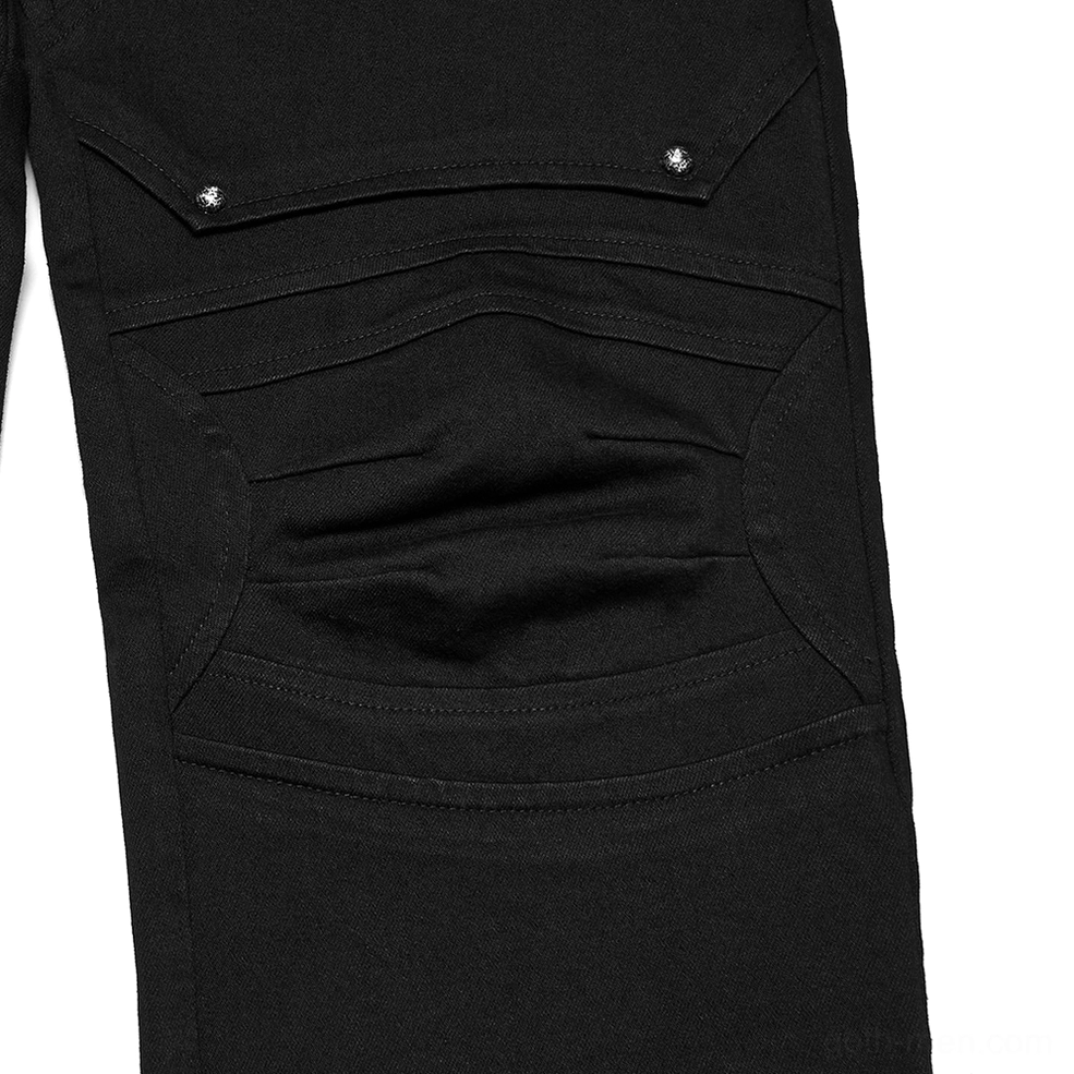 Close-up detail of black techwear pants front pocket with metal rivets and 3D pleated fabric