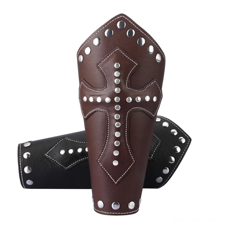 Templar cross leather arm guard dual color display - black and brown PU leather with riveted cross design