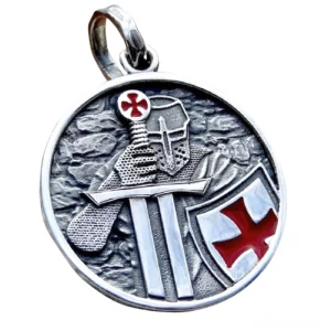 Knights Templar cross pendant flat lay, stainless steel with embossed relief design and red enamel cross accents
