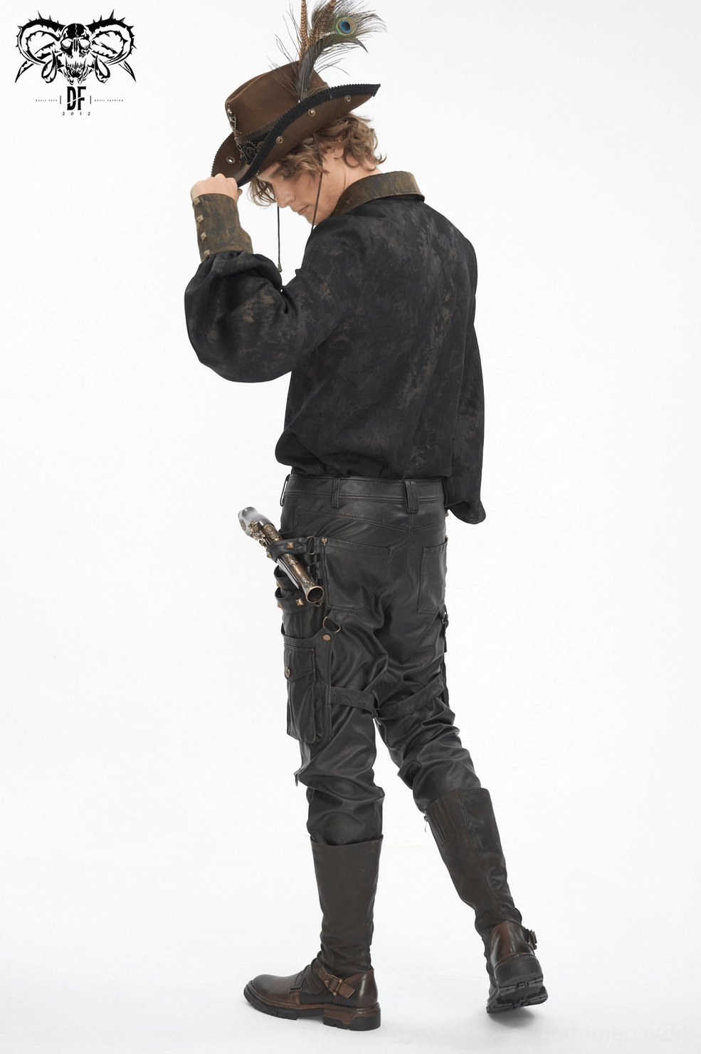 Thigh harness and cargo pocket system detail on men's gothic punk studded faux leather pants