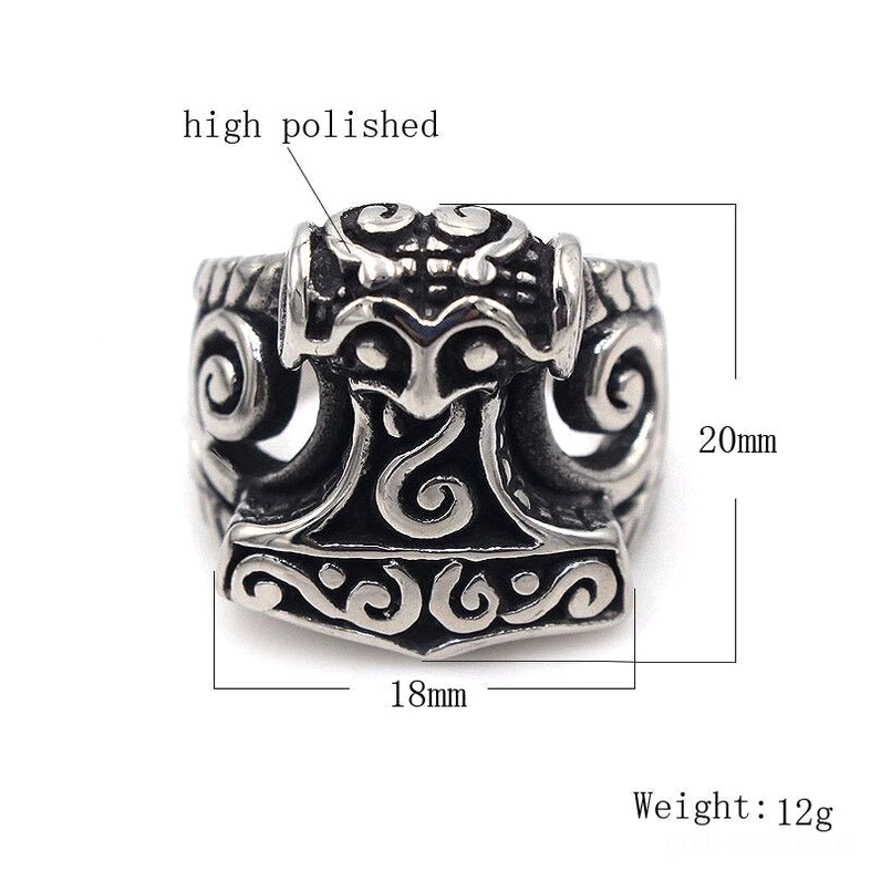 Thor's Hammer gothic ring specifications view showing high polished stainless steel surface with size and weight labeling