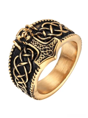 Two-tone gold and black gothic men's ring featuring Thor's hammer, skull, and Celtic knot engravings