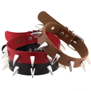 Three-piece spiked leather choker set with mixed warm colors and silver spike decorations