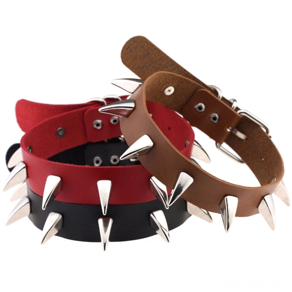Three-piece spiked leather choker set with mixed warm colors and silver spike decorations