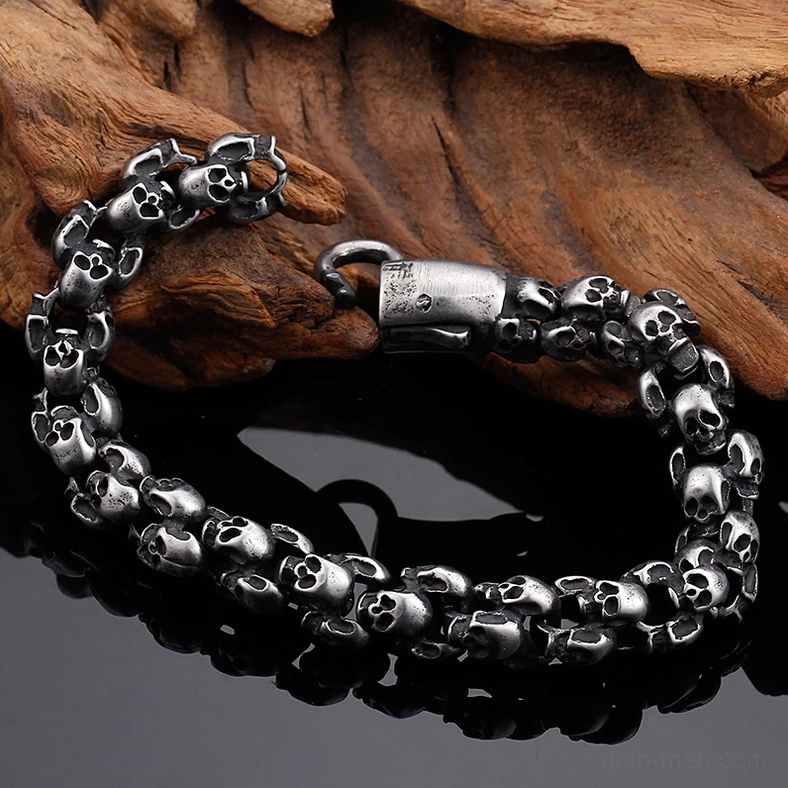Three-strand view of gothic skull link bracelet showing construction and articulation of chain