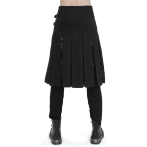 Back view of gothic tie-dye kilt showing pleated construction and fitted silhouette on male model with combat boots