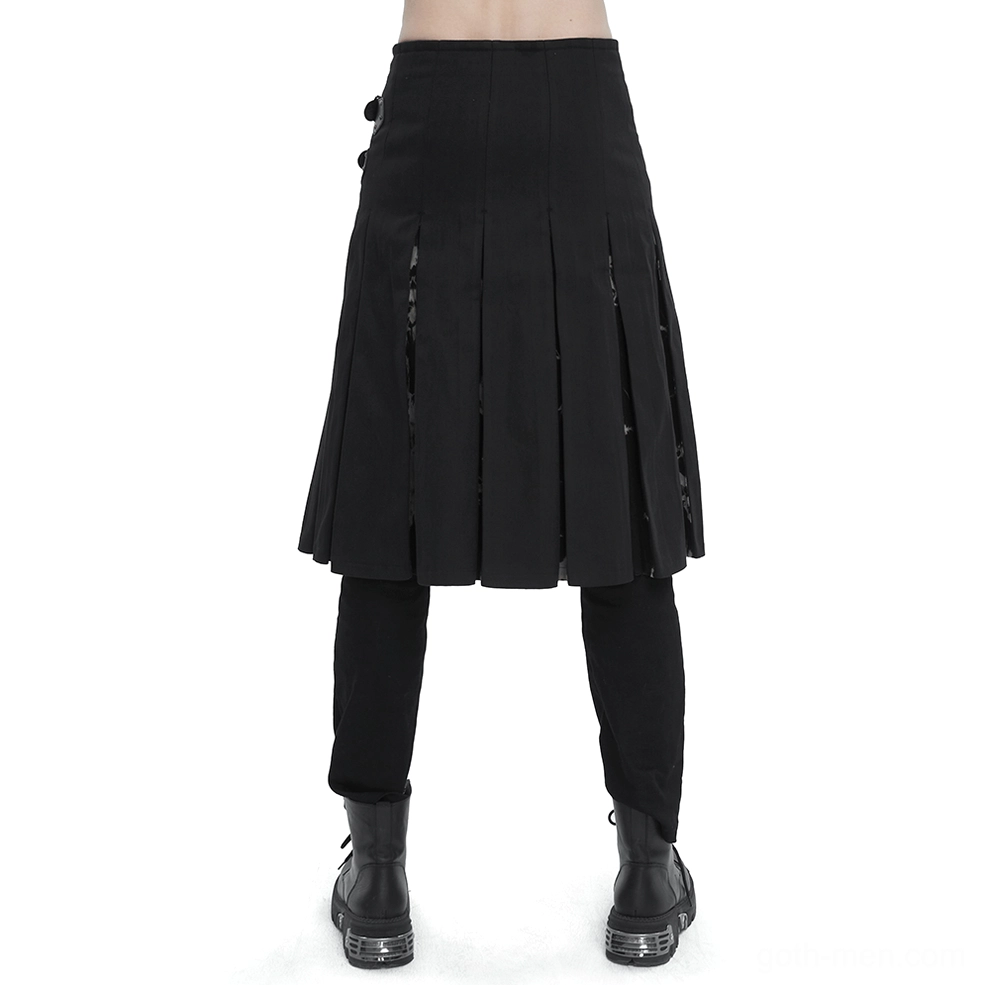 Back view of gothic tie-dye kilt showing pleated construction and fitted silhouette on male model with combat boots