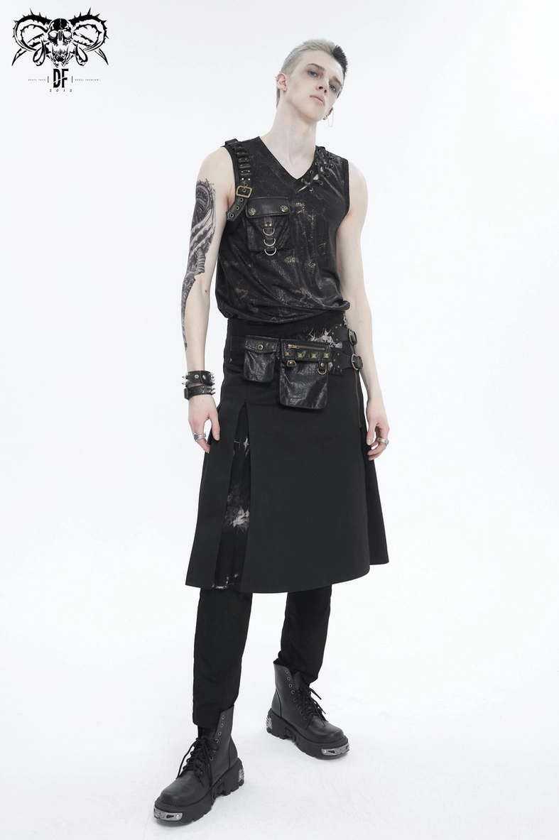 Three-quarter back view of studded gothic kilt worn on model showing overall silhouette, pleating, and styling potential with combat boots