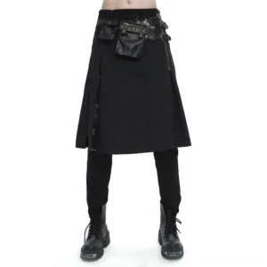 Front view of tie-dye studded gothic kilt on male model wearing combat boots, featuring dual utility waist bags and studded details against white background