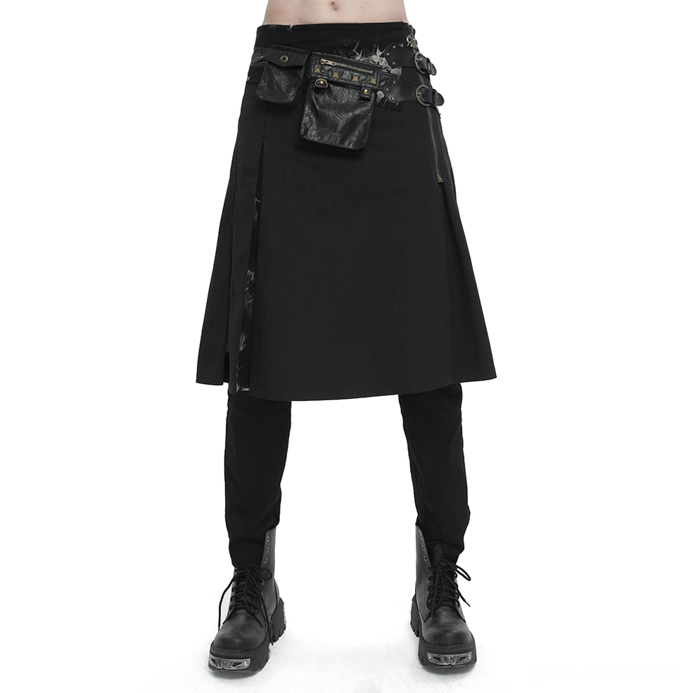 Front view of tie-dye studded gothic kilt on male model wearing combat boots, featuring dual utility waist bags and studded details against white background