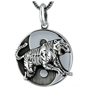 Tiger Tai Chi four celestial beasts sterling silver gothic pendant embossed design flat lay