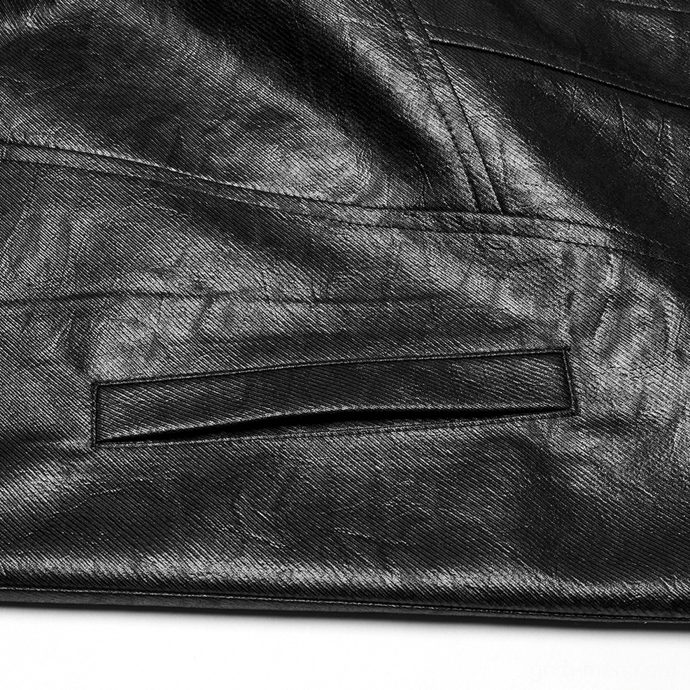 Faux leather trench coat pocket detail - horizontal welt pocket and textured synthetic leather weave