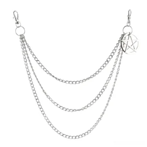 Flat lay of triple-layer gothic chain accessory showing silver curb links and dual lobster clasps on white background