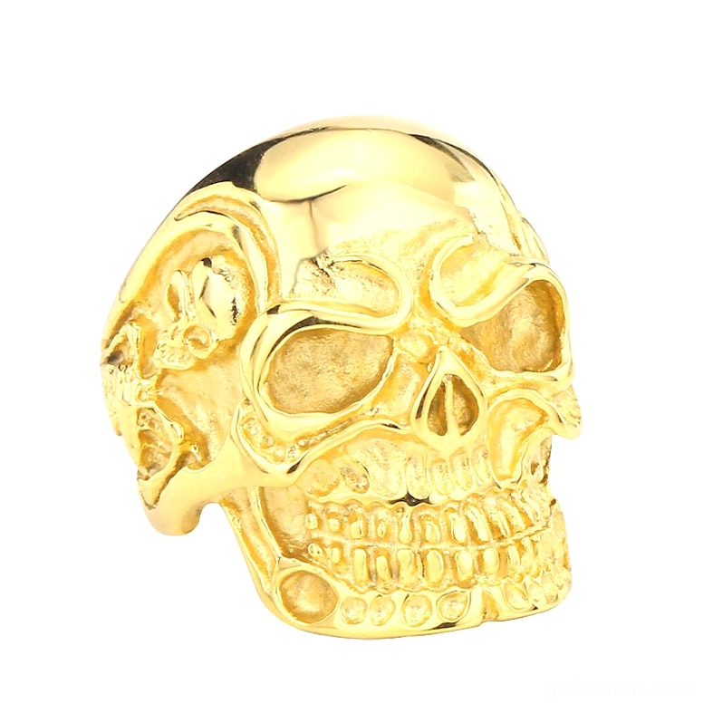 Polished gold-tone triple skull gothic ring with vintage skull design - overhead front view