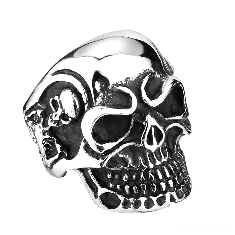 Brushed silver stainless steel triple skull gothic ring with embossed side skulls - studio front view