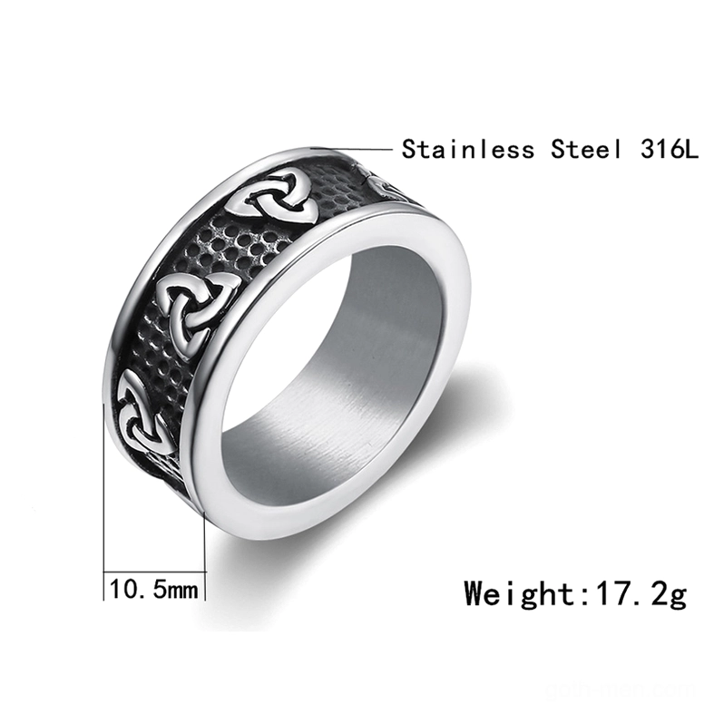 316L stainless steel triquetra ring side view showing 10.5mm band width and sizing details