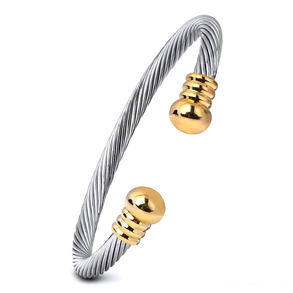 Two-tone twisted cable open cuff bracelet with silver and gold end caps, gothic jewelry design