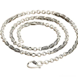 925 sterling silver twisted chain necklace overhead view showing coiled link pattern and hook clasp on white background