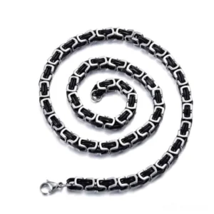 Black and silver twisted Singapore chain gothic necklace top-down spiral view with square link design and lobster clasp