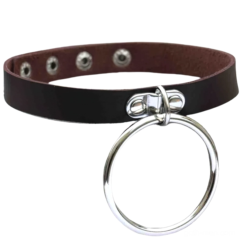 Two-tone brown and black leather gothic choker with silver circular padlock pendant detail