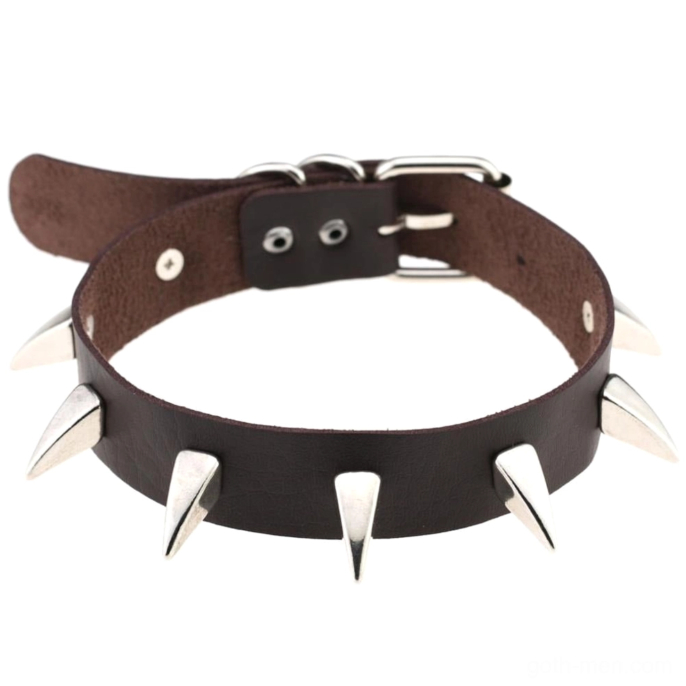 Two-tone brown and black spiked leather choker with silver spike decorations