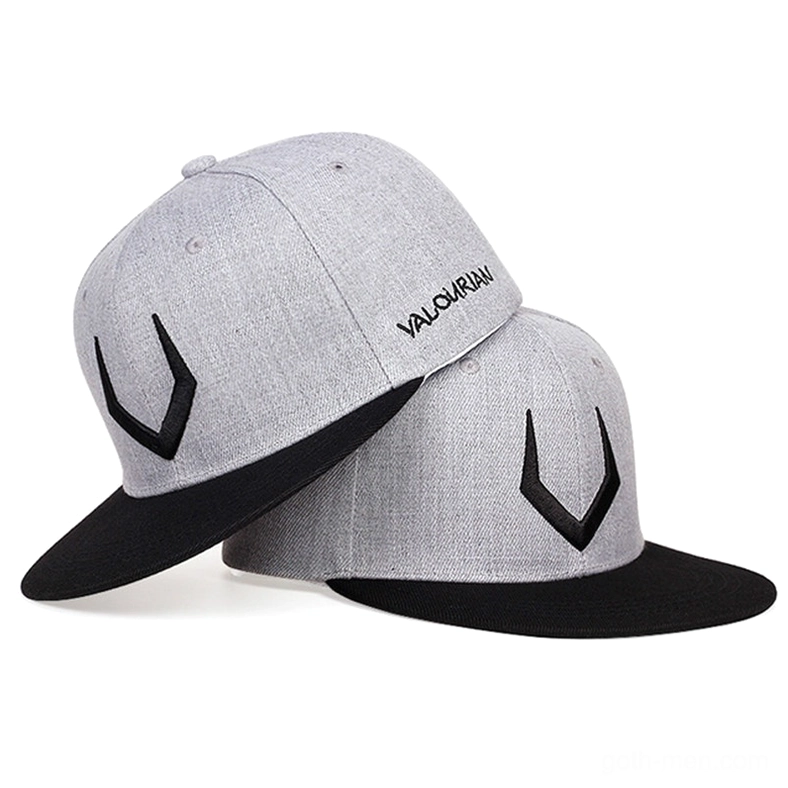 Two-tone heather grey and black gothic cap with 3D embroidered details, stacked side view displaying cap profile