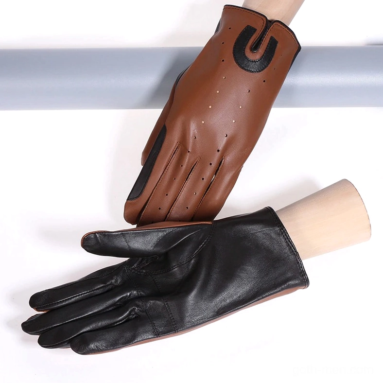 Two-tone brown and black genuine sheepskin riding gloves on mannequin hands, studio flat lay and upright shot, perforated breathable design