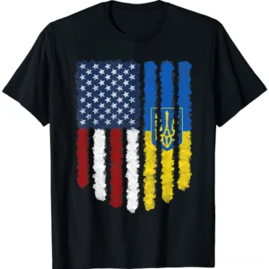 Black Ukrainian-American flag cotton t-shirt front view flat lay with hybrid US Ukraine flag and Tryzub emblem print