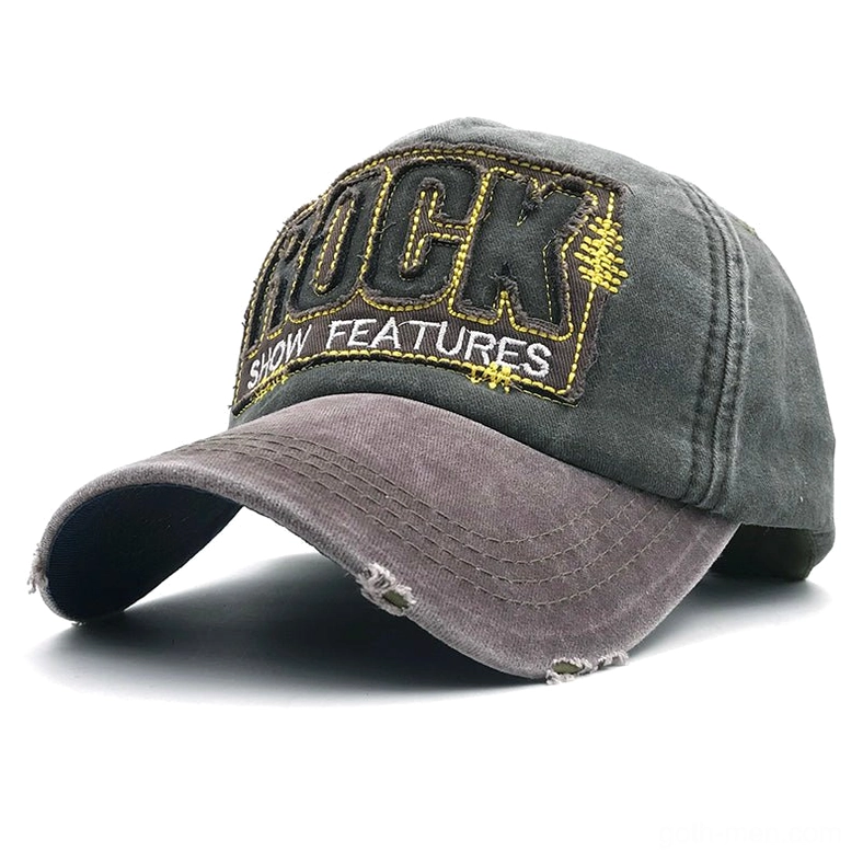 Unisex gothic ROCK cap in all-dark grey with distinctive yellow embroidery and distressed details