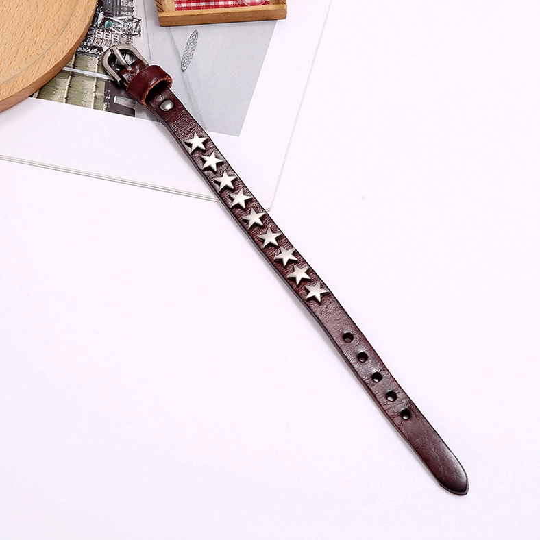 Complete gothic star leather bracelet collection in all three colors showing unisex design and punk-rock aesthetic