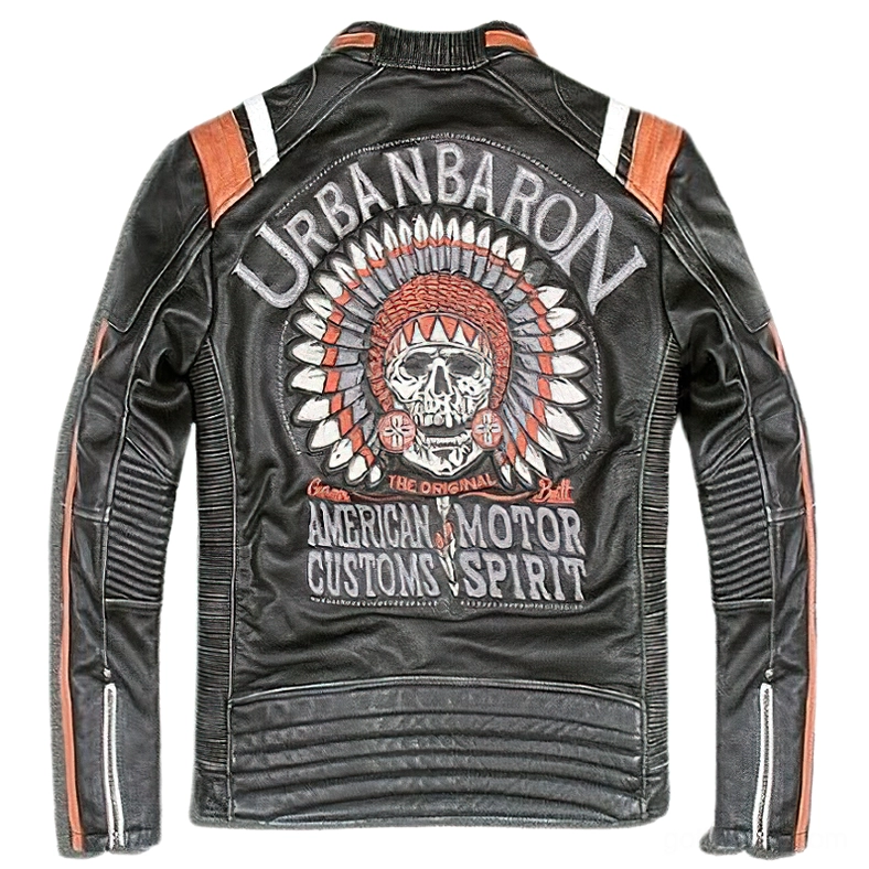 Urban Baron motor-themed back print genuine leather biker jacket with ribbed sleeve details dark aesthetic