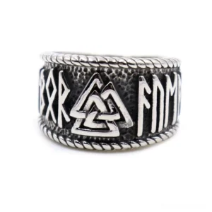 Viking Valknut amulet ring front facing view showing engraved runes and aged stainless steel texture