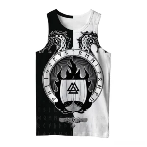 Dark Nordic Valknut black and white gothic viking sleeveless tank top front view with dragonship and rune border