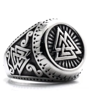 Viking valknut ring front view with dotted border detail and polished metal finish highlighting the interlocking triangles symbol