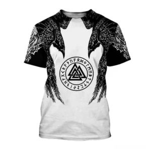 Valknut Norse rune print black and white gothic t-shirt front view, featuring sacred three-triangle knot symbol with Celtic ornaments and raven motifs on sleeves