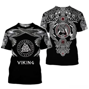 Black Viking 3D graphic t-shirt back view with Celtic knot and wolf pattern - gothic alternative apparel